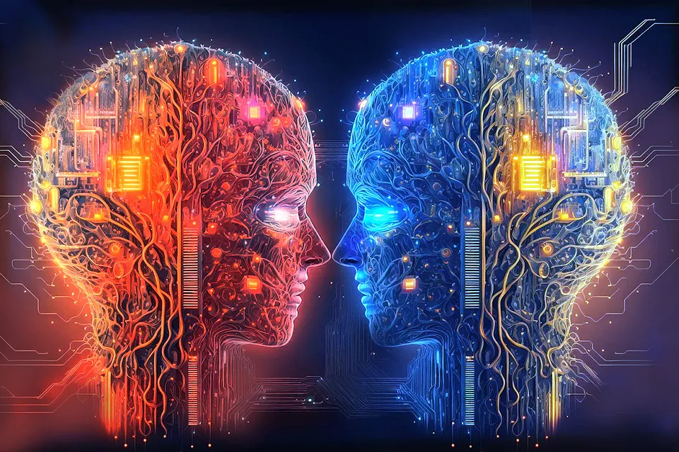 Good vs. Bad AI-style heads facing each other (source: https://makemecybersafe.com/2024/06/ai-friend-and-foe-in-cybersecurity/)